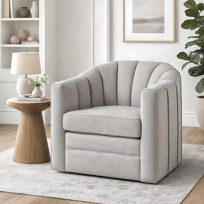 Oatmeal armchair in a living room setting with a side table and decor.