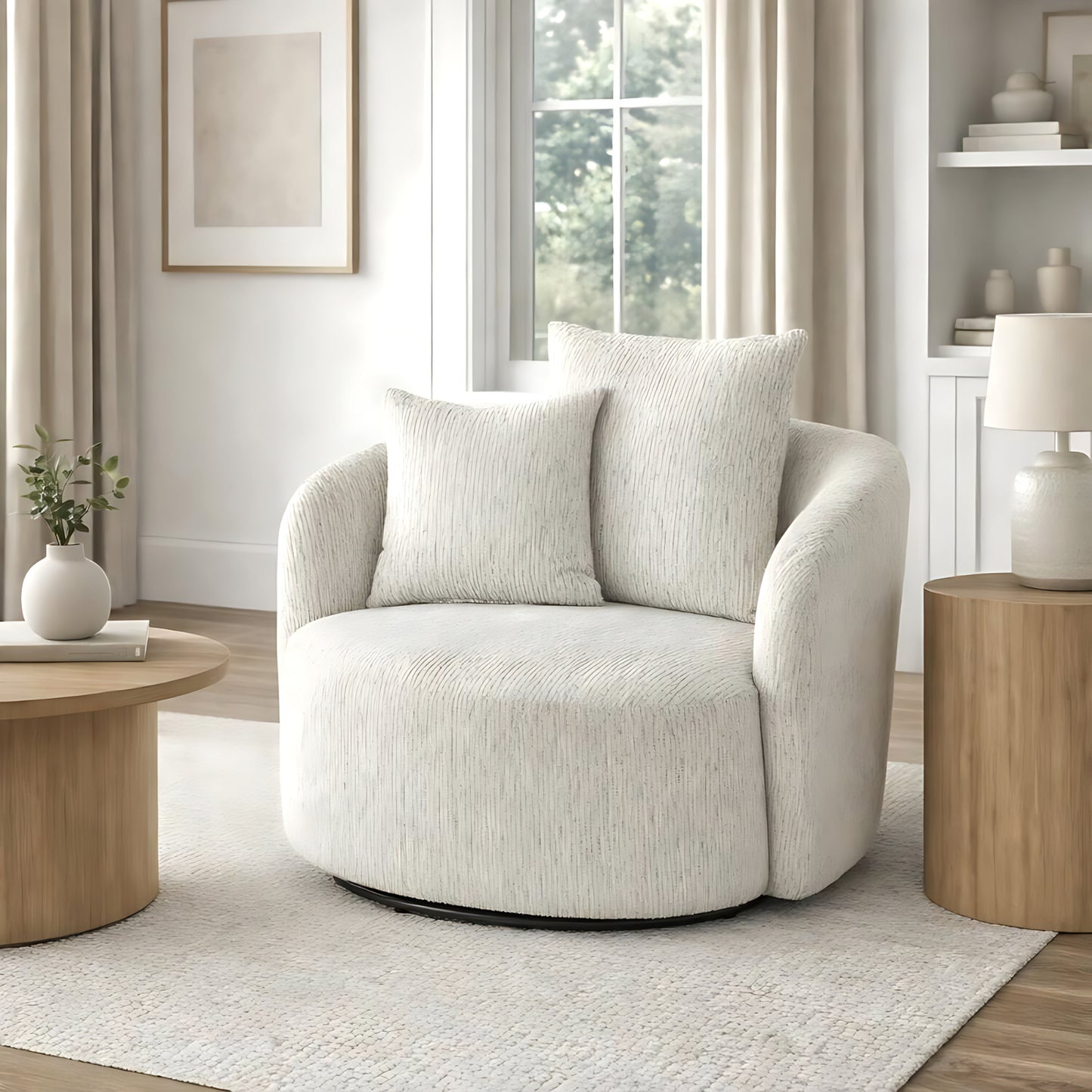 White swivel chair in a living room setting with a wooden coffee table and lamp.