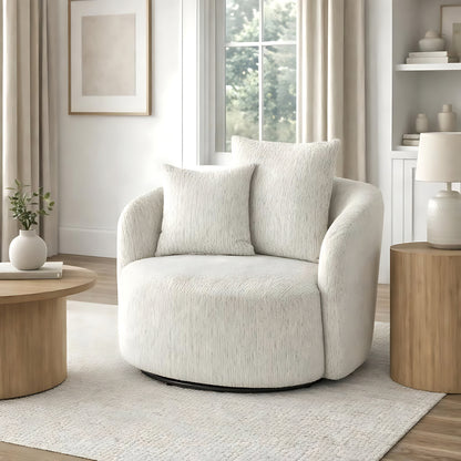 White swivel chair in a living room setting with a wooden coffee table and lamp.