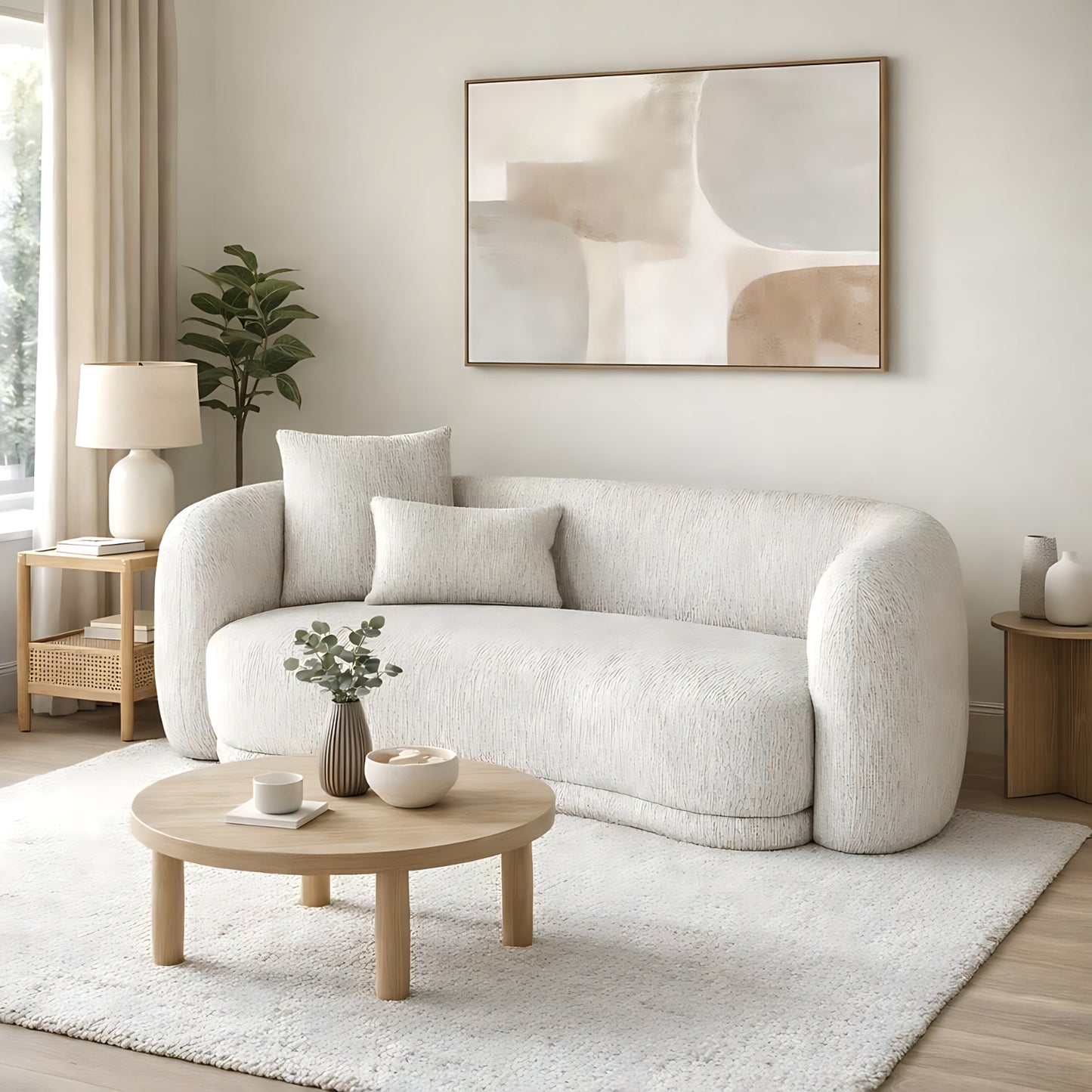 Modern living room with a textured white sofa, wooden coffee table, and abstract art on the wall.