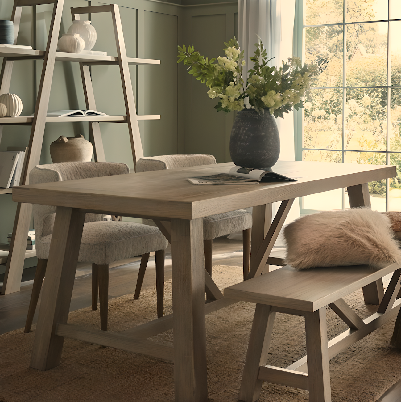 Dining room with wooden table, chairs, and a large window.