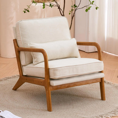 Mid Century Modern Upholstered Linen Solid Wood Arm Chair