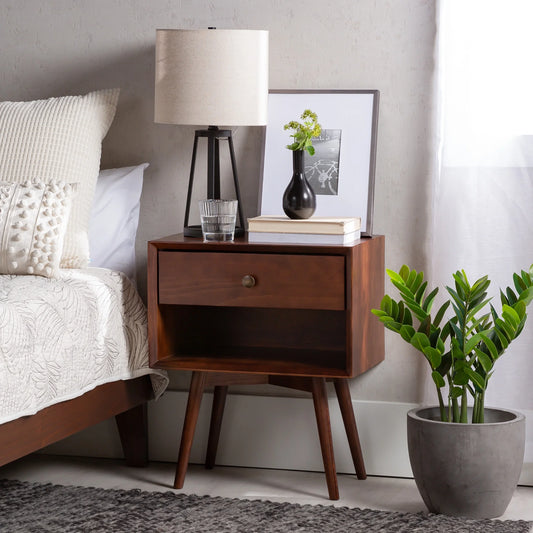 Mid Century Walnut Solid Wood Bedside Table